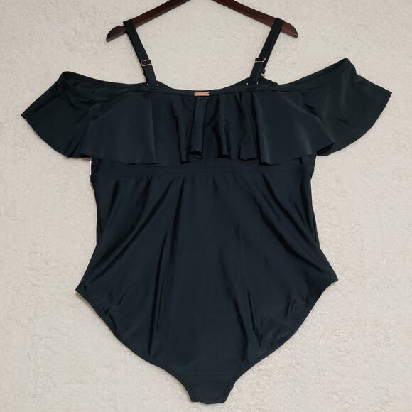 Raisins Curve Plus Size Swimsuit Womens 24W Black Off Shoulder Lace Up Rose Gold - Picture 3 of 13